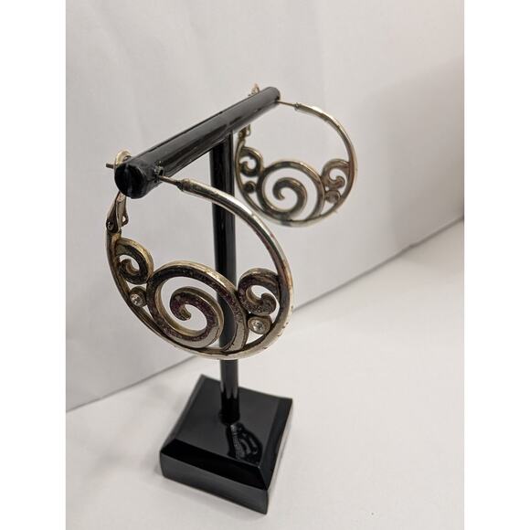 Brighton Silver Tone Hoop Earrings 1.5in Swirl Design Rhinestones READ - Picture 1 of 7